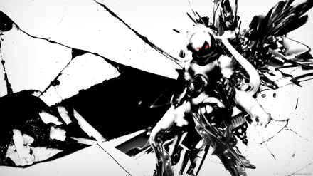 An HD wallpaper featuring Orpheus Telos from the video game Persona 3, showcasing a striking black and white aesthetic with dynamic textures and an imposing figure.