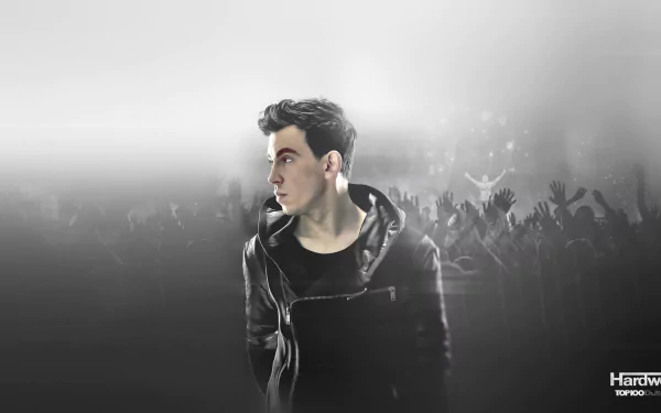 HD PC desktop wallpaper featuring music artist Hardwell with a crowd in the background, blending energetic concert vibes and a monochrome aesthetic.