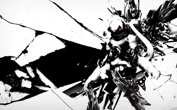 An HD wallpaper featuring Orpheus Telos from the video game Persona 3, showcasing a striking black and white aesthetic with dynamic textures and an imposing figure.