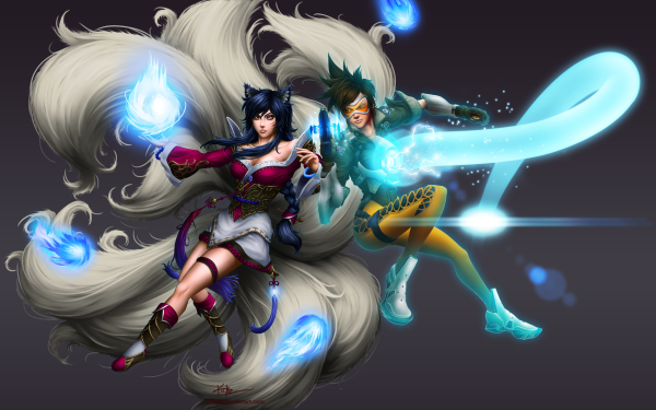 Video Game Crossover Ahri League Of Legends Tracer Overwatch Flame HD Wallpaper | Background Image