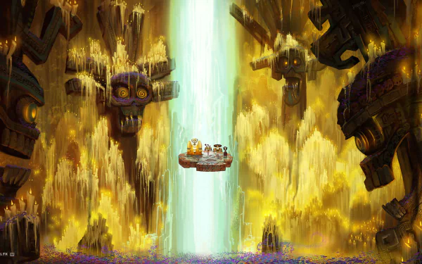 HD PC desktop wallpaper and background: Manolo (The Book of Life) from the movie on a floating raft before a luminous vertical waterfall in a golden canyon lined with carved stone faces.