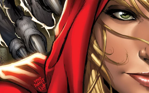 Comic-style Grimm Fairy Tales HD PC desktop wallpaper: close-up of a red-hooded blonde woman with a sly smile and a looming wolf's claws in the background.