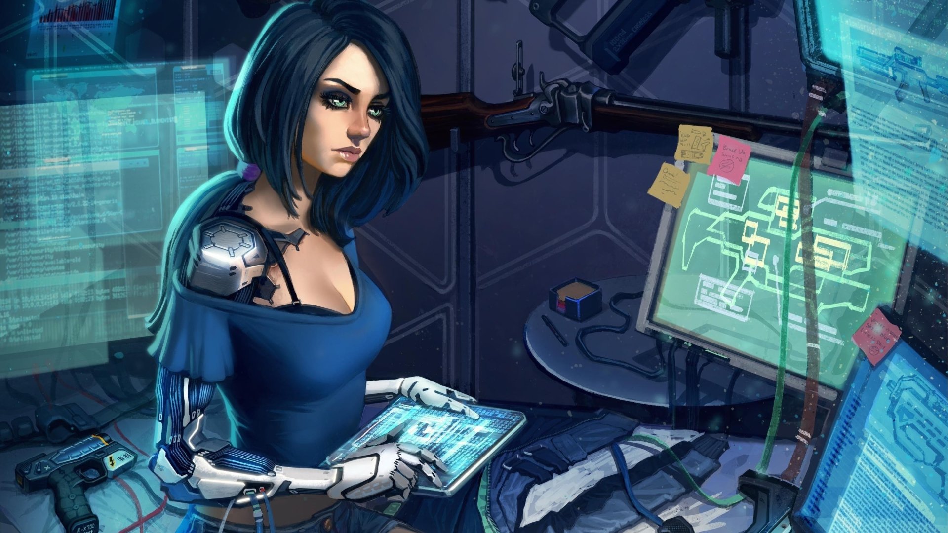 Sci-fi cyborg woman with a mechanical arm studying a holographic tablet in a dim tech lab, glowing monitors and cables around — 2K Quad HD PC desktop wallpaper and background.