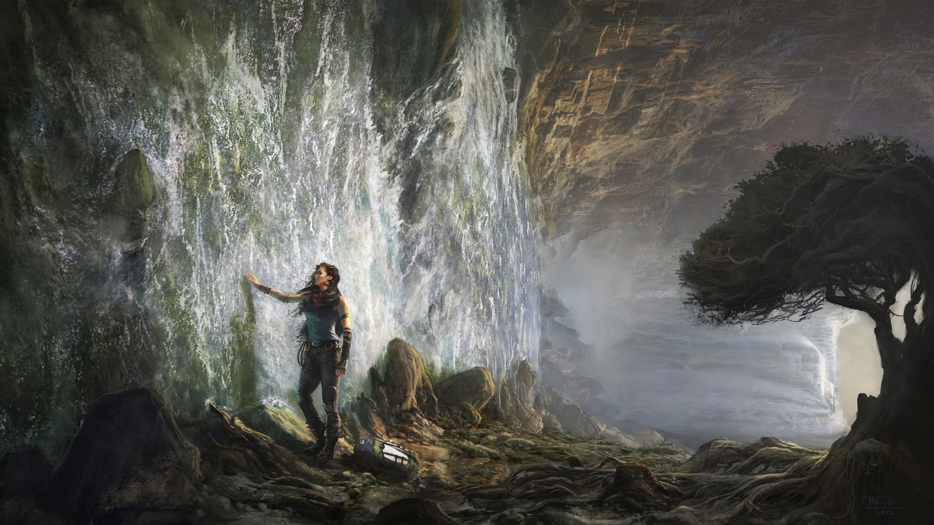 A mystical woman in a fantasy setting, appearing on a vibrant HD desktop wallpaper and background.