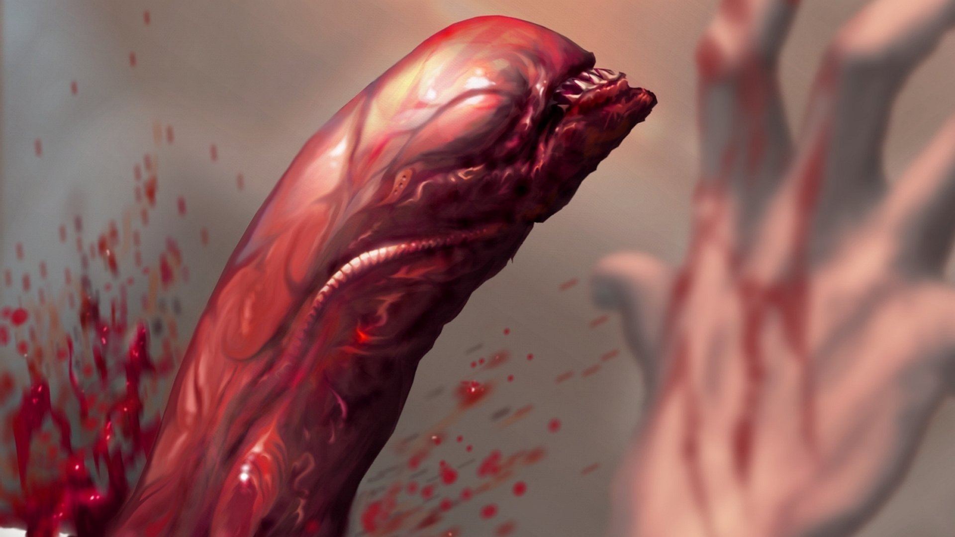 HD PC desktop wallpaper featuring a detailed, blood-red alien creature emerging menacingly, inspired by classic movie sci-fi horror themes.