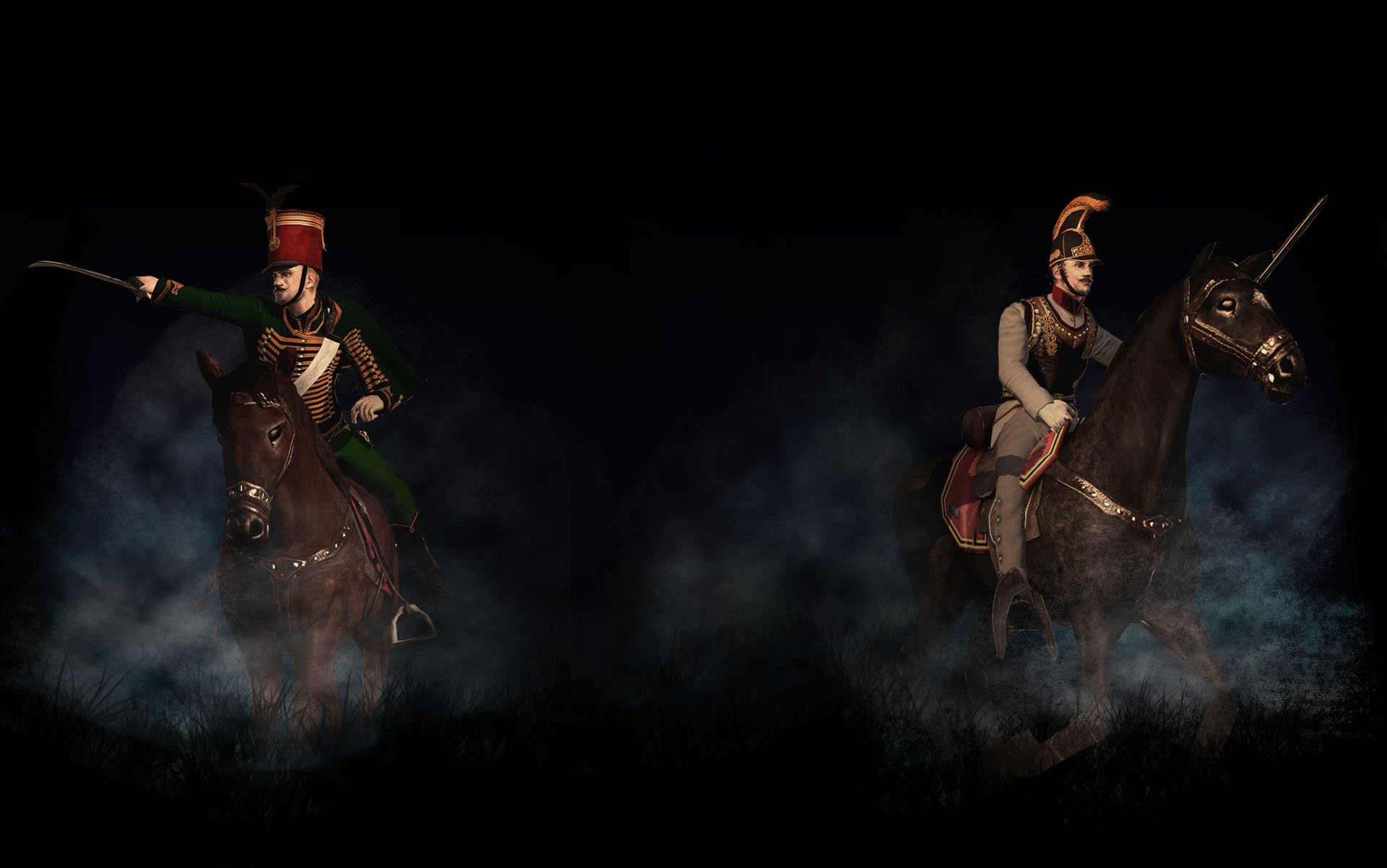 HD PC desktop wallpaper for the video game Empire: Total War: two Napoleonic-era cavalry officers on horseback emerging from blue-gray smoke against a black background.