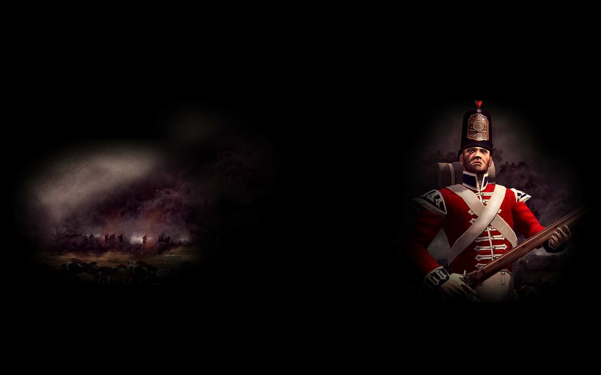 A striking HD wallpaper from the video game Napoleon: Total War, featuring a soldier in traditional uniform against a dramatic, smoky battlefield backdrop.