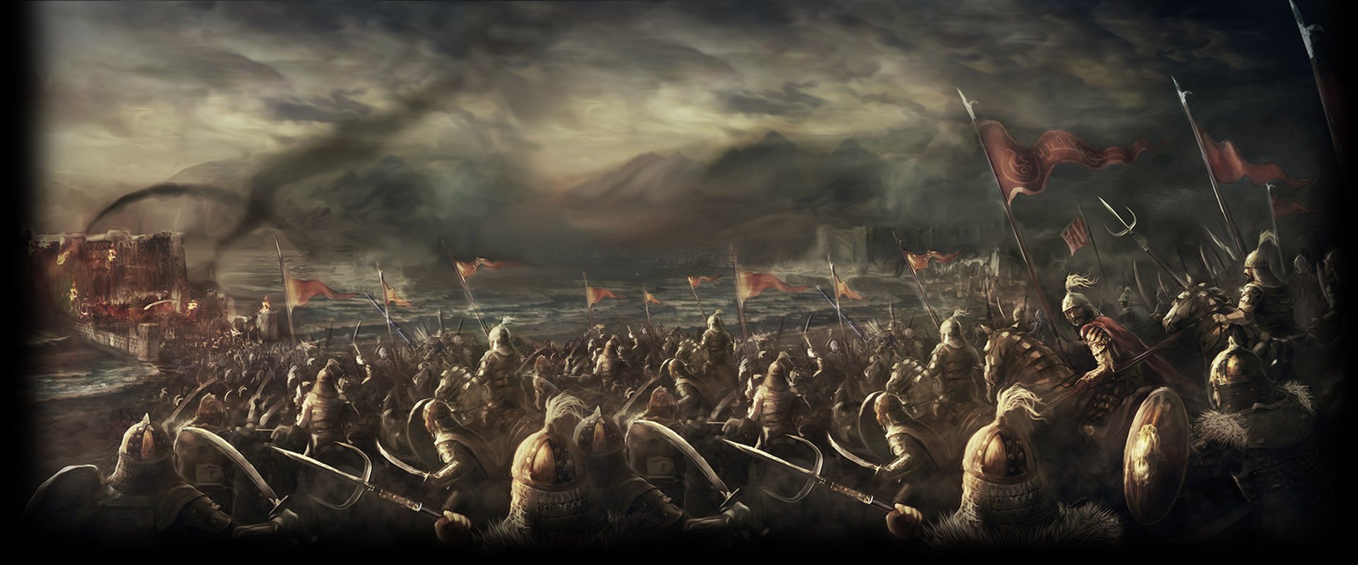 HD PC desktop wallpaper depicting an epic battlefield scene from the video game Age of Empires II HD, featuring armored warriors and dark, stormy skies.