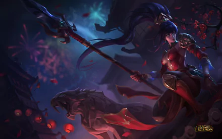 Nidalee from League of Legends poses fiercely with her spear beside a large feline, surrounded by a mystical atmosphere of lanterns and petals in this HD PC desktop wallpaper.