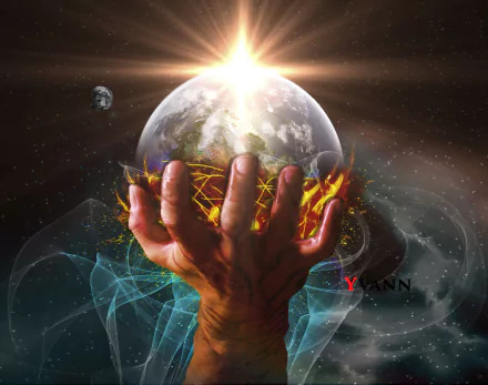 Abstract artistic HD PC desktop wallpaper of a hand grasping a glowing planet encircled by flames and ethereal light, cosmic background with smaller moon and digital energy patterns.
