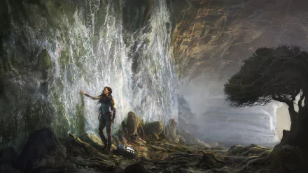 A fantasy scene featuring a woman interacting with a shimmering waterfall in a mystical cave, creating an enchanting atmosphere for a stunning HD desktop wallpaper.