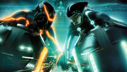HD PC desktop wallpaper/background from the video game Tron 2.0: Killer App depicting two neon-lit armored programs clashing with orange and cyan light trails.