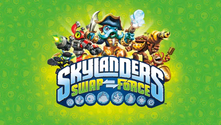 HD PC desktop wallpaper featuring vibrant characters and the logo from the video game Skylanders SWAP Force against a green patterned background.