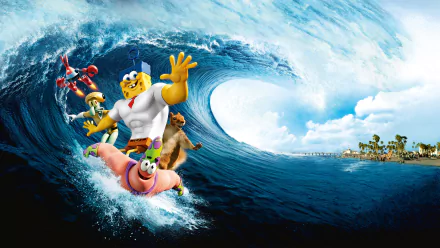 HD wallpaper featuring characters from The SpongeBob Movie: Sponge Out of Water, showcasing SpongeBob and Patrick surfing a massive wave.