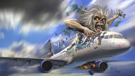 A dynamic HD desktop wallpaper featuring Iron Maiden's iconic mascot, Eddie, dramatically emerging from a plane amidst a stormy sky, embodying the band's electrifying energy and theme.