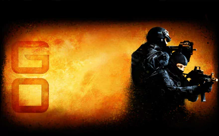 HD desktop wallpaper featuring scenes from the video game Counter-Strike: Global Offensive, showcasing armed characters against a fiery background.
