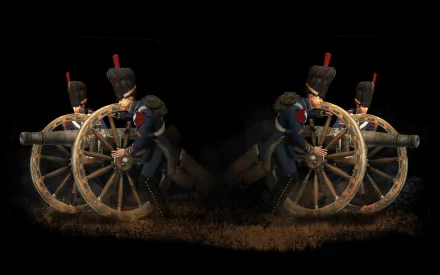HD PC desktop wallpaper from the video game Napoleon: Total War, featuring two soldiers in historical uniforms manning a cannon against a black background.