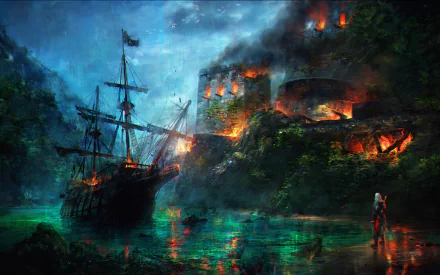 An HD desktop wallpaper of the video game Assassin's Creed IV: Black Flag, depicting a ship docked near a fortress engulfed in flames, with a character observing the scene.