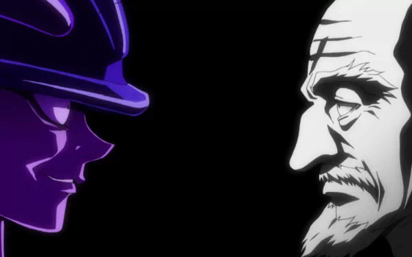 HD wallpaper featuring Isaac Netero and Meruem from Hunter x Hunter, depicted in a striking color contrast profile view.