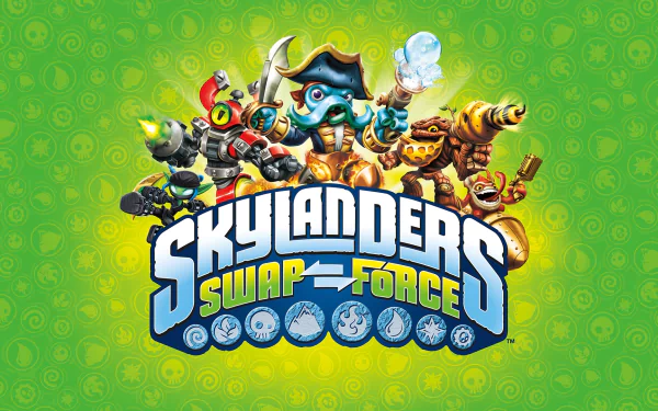 HD PC desktop wallpaper featuring vibrant characters and the logo from the video game Skylanders SWAP Force against a green patterned background.