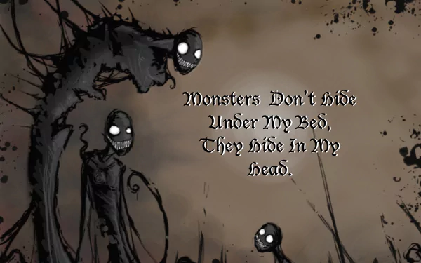 A dark and haunting HD wallpaper featuring eerie monsters with glowing eyes, accompanied by the powerful statement about fear residing within the mind.