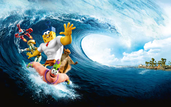 HD wallpaper featuring characters from The SpongeBob Movie: Sponge Out of Water, showcasing SpongeBob and Patrick surfing a massive wave.