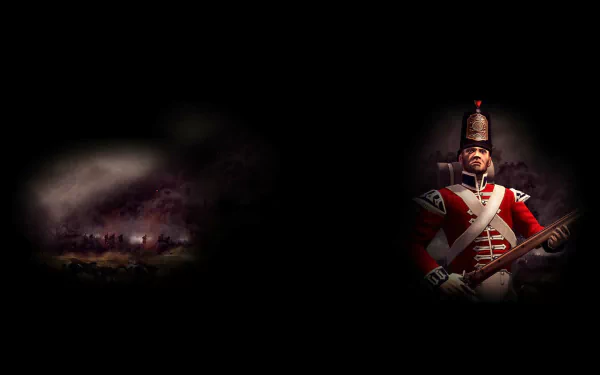 A striking HD wallpaper from the video game Napoleon: Total War, featuring a soldier in traditional uniform against a dramatic, smoky battlefield backdrop.