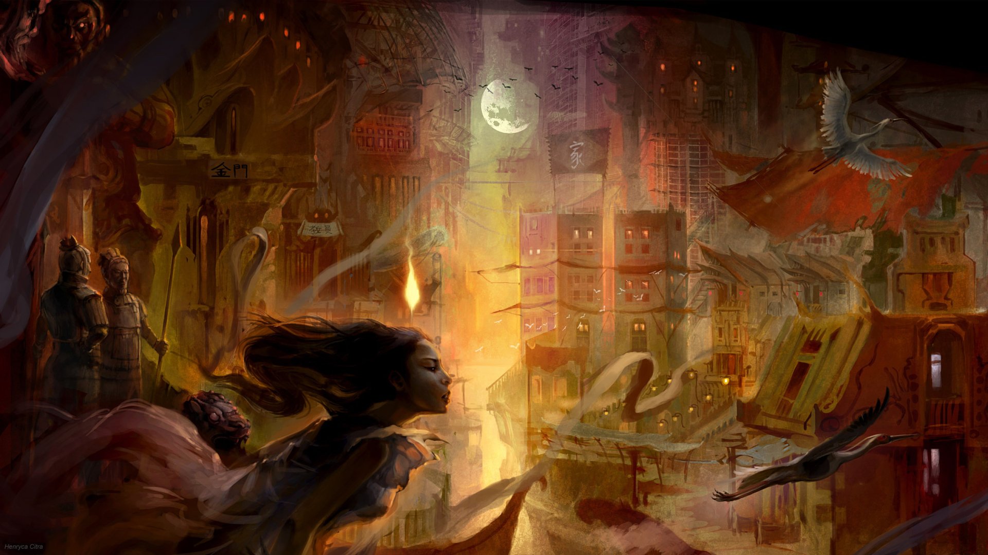HD fantasy cityscape wallpaper depicting a mysterious, glowing city at night with a figure flying or falling through a fiery, magical atmosphere.