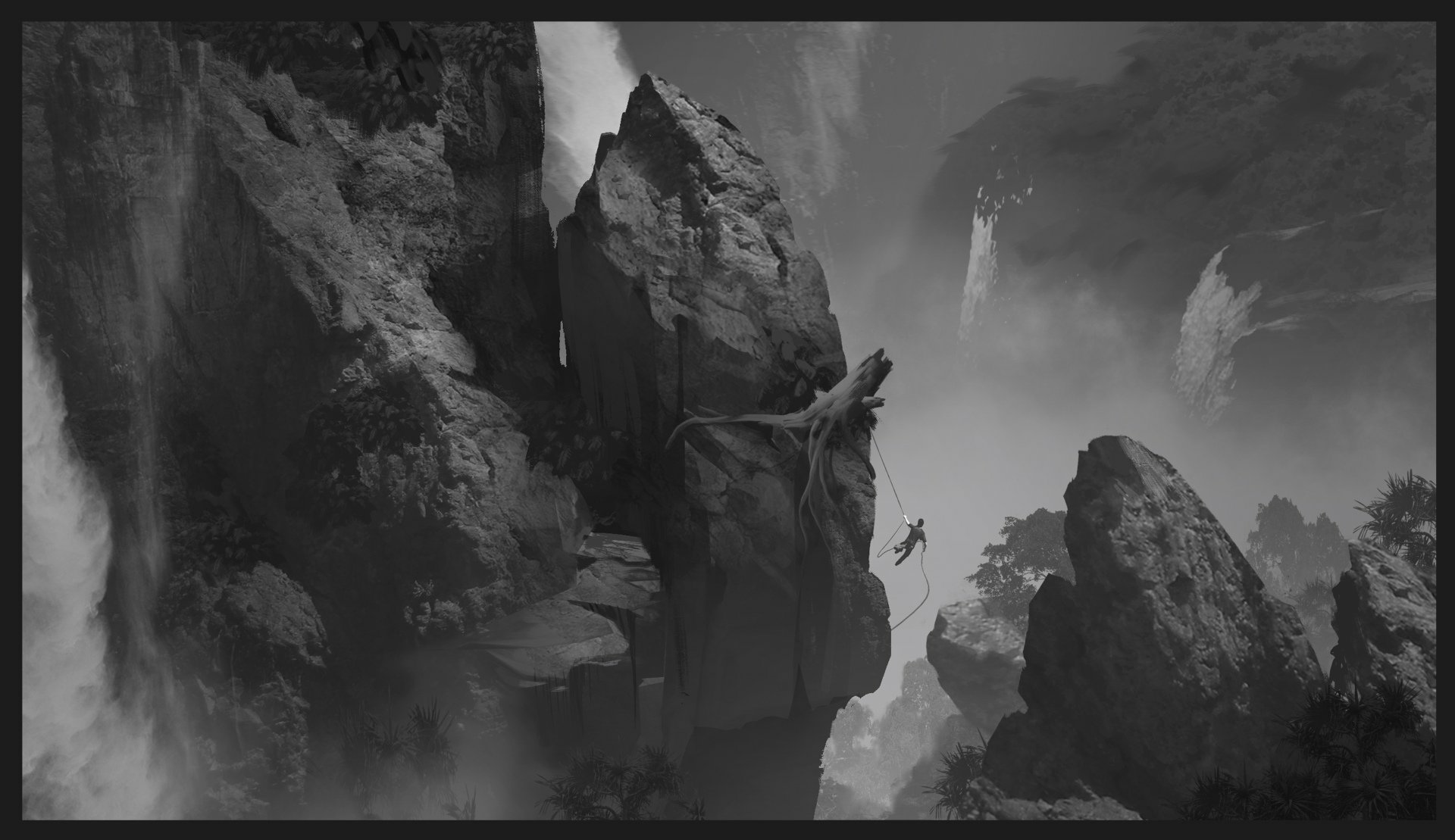 A dramatic black-and-white HD wallpaper depicting a character scaling rugged cliffs amidst towering waterfalls, inspired by the video game Uncharted 4: A Thief's End.
