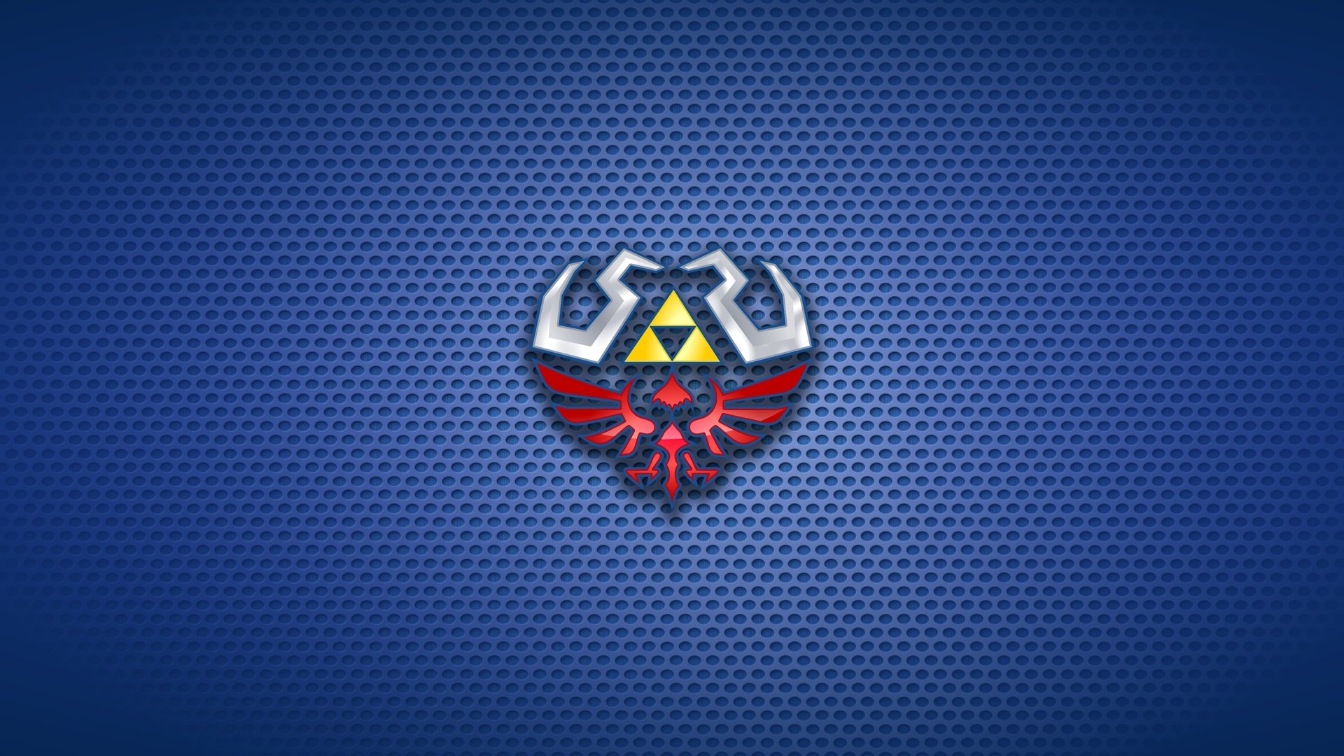 HD PC desktop wallpaper featuring The Legend of Zelda emblem with the Triforce symbol on a textured blue background.