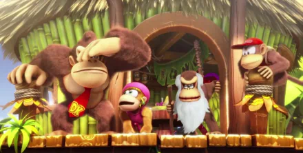 Colorful HD wallpaper from Donkey Kong Country: Tropical Freeze featuring Donkey Kong, Diddy Kong, and other characters in a vibrant jungle setting.