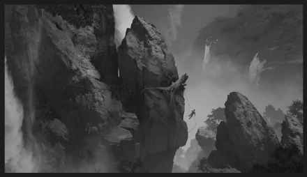 A dramatic black-and-white HD wallpaper depicting a character scaling rugged cliffs amidst towering waterfalls, inspired by the video game Uncharted 4: A Thief's End.