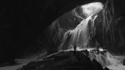 HD desktop wallpaper from Uncharted 4: A Thief's End featuring a monochrome scene of a figure overlooking a majestic waterfall inside a cavern.