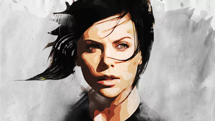 HD PC desktop wallpaper featuring a stylized portrait of Aeon Flux from the movie, with dynamic brushstroke effects and a monochromatic background.
