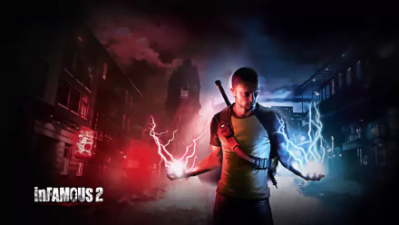 HD PC desktop wallpaper featuring a character from the video game Infamous 2, with electric powers illuminating a dark urban environment.