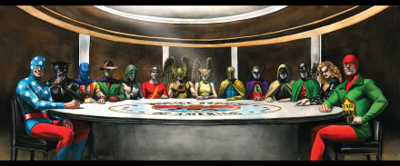 A high-definition wallpaper featuring the characters from the TV show Smallville gathered around a round table, showcasing a diverse array of superheroes in vibrant costumes.
