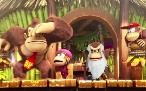 Colorful HD wallpaper from Donkey Kong Country: Tropical Freeze featuring Donkey Kong, Diddy Kong, and other characters in a vibrant jungle setting.