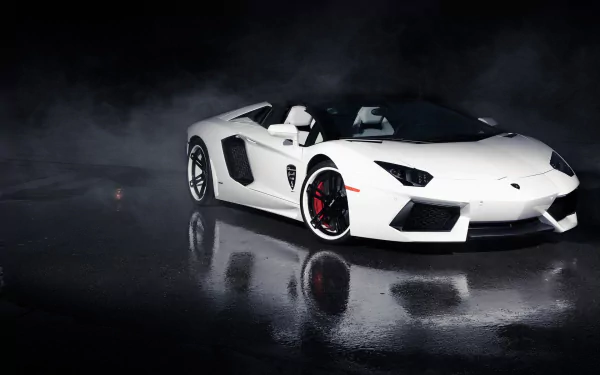HD wallpaper of a white Lamborghini Aventador on a wet surface with mist, highlighting its sleek design and powerful stance.