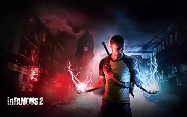 HD PC desktop wallpaper featuring a character from the video game Infamous 2, with electric powers illuminating a dark urban environment.