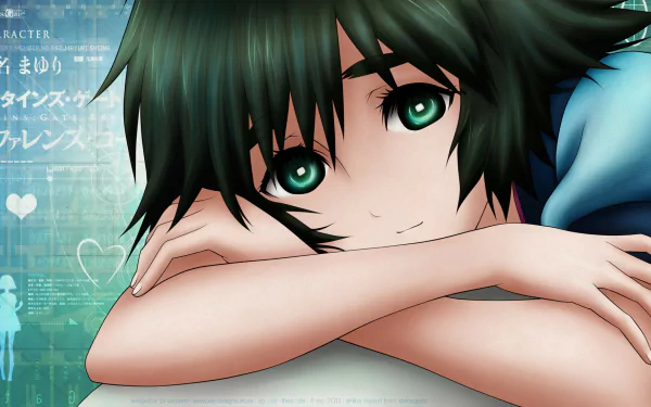 A vibrant HD wallpaper featuring Mayuri Shiina from the anime Steins;Gate, showcasing her cheerful expression and striking green eyes against a tech-themed background.