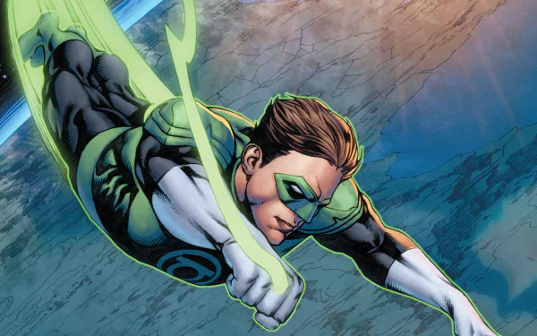 HD desktop wallpaper featuring Hal Jordan as Green Lantern from DC Comics, depicted flying dynamically with glowing green energy constructs.