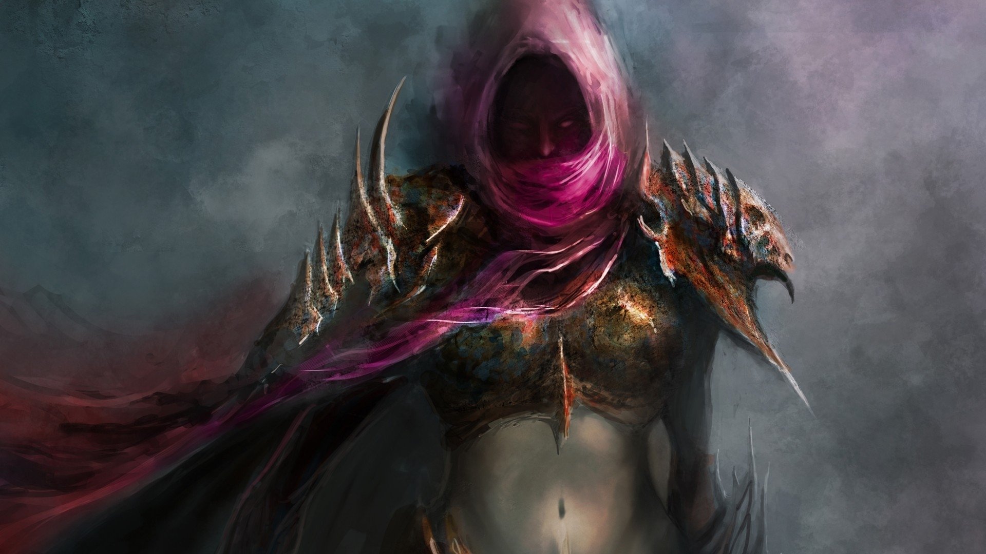 Fantasy HD PC desktop wallpaper featuring a mysterious woman warrior shrouded in a dark hood and armor with a smoky, atmospheric background.