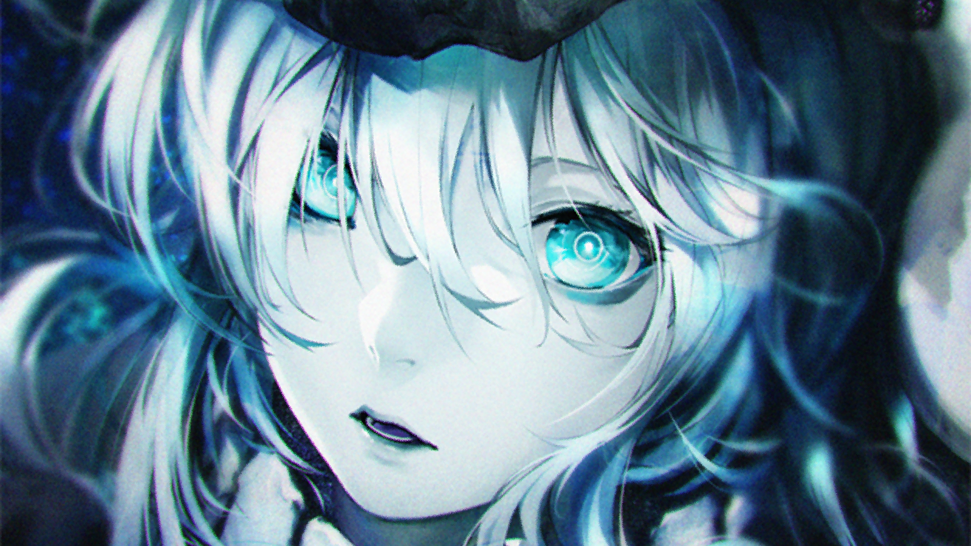 A stunning HD desktop wallpaper featuring an anime character from Kantai Collection, highlighted by captivating blue eyes and ethereal, flowing hair.