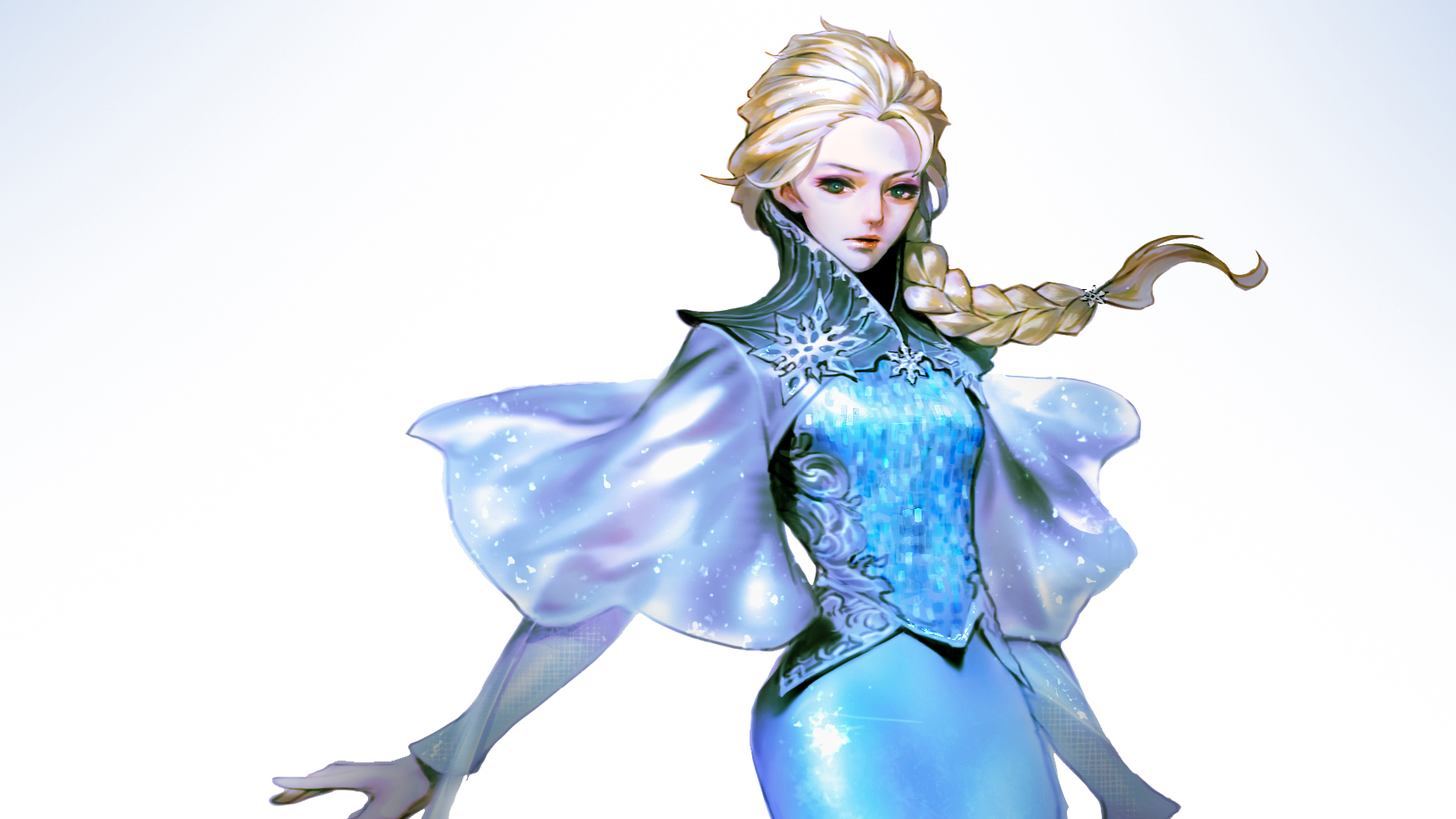 HD PC desktop wallpaper of Elsa (Frozen movie): blonde hair in a braid, green eyes, wearing a shimmering blue gown and flowing cape against a pale background.