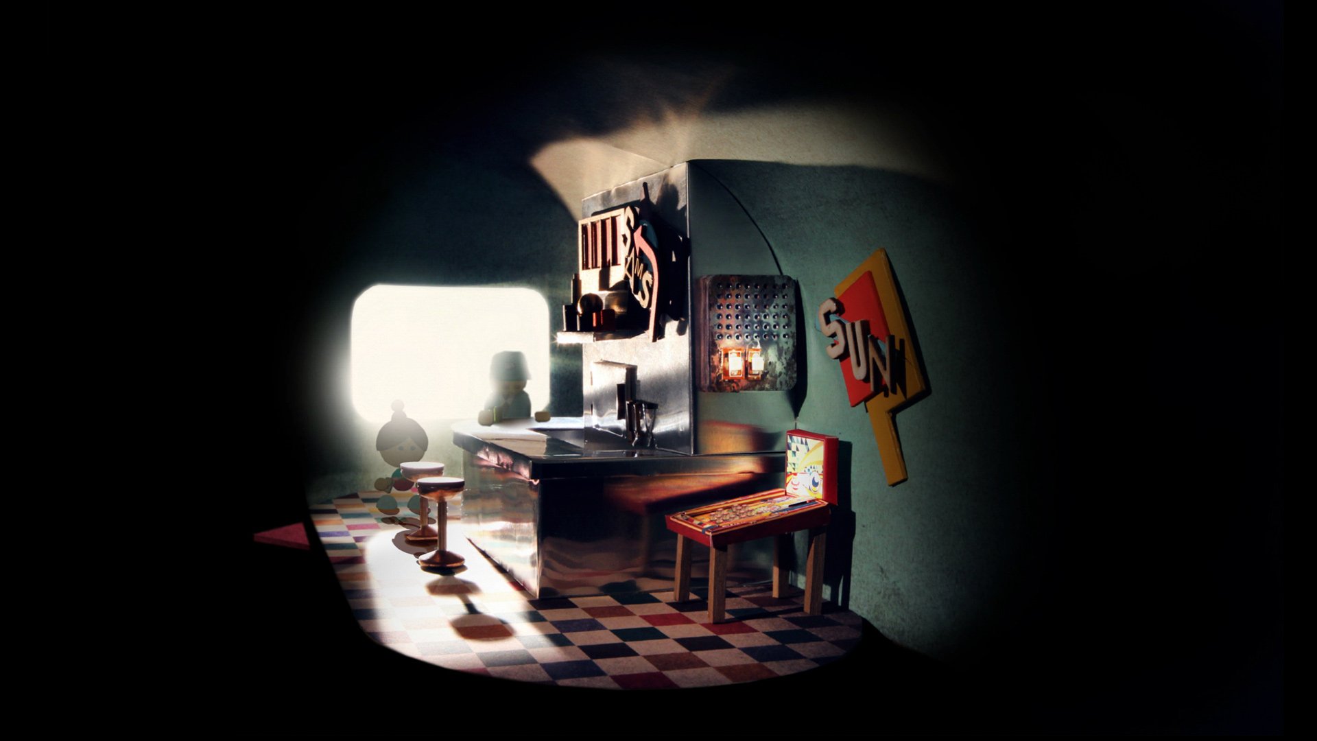 HD desktop wallpaper featuring a whimsical, cozy scene from the game Lumino City with a desk and checkered floor.