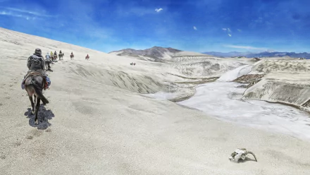 4K Ultra HD desktop wallpaper showcasing the rugged natural beauty of the Andes mountains with hikers on horseback traversing a vast, arid landscape under a clear blue sky.
