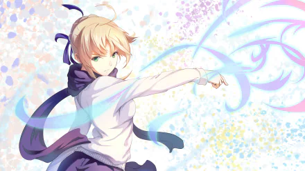 HD desktop wallpaper featuring Saber from the Fate series (Fate/Stay Night), depicted in vibrant colors with an artistic, abstract background.