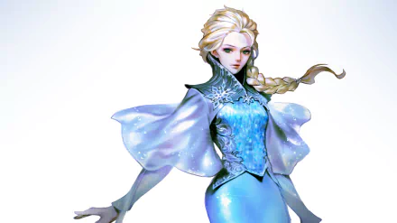 HD PC desktop wallpaper of Elsa (Frozen movie): blonde hair in a braid, green eyes, wearing a shimmering blue gown and flowing cape against a pale background.