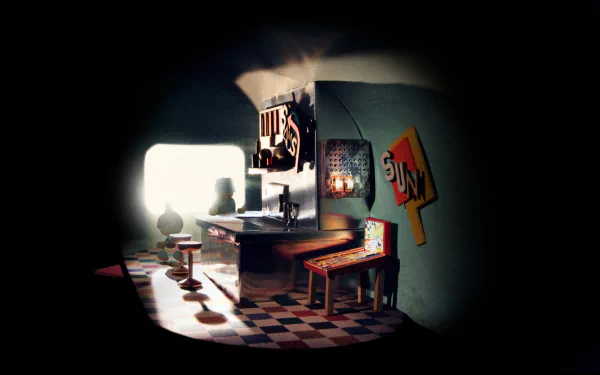 HD desktop wallpaper featuring a whimsical, cozy scene from the game Lumino City with a desk and checkered floor.