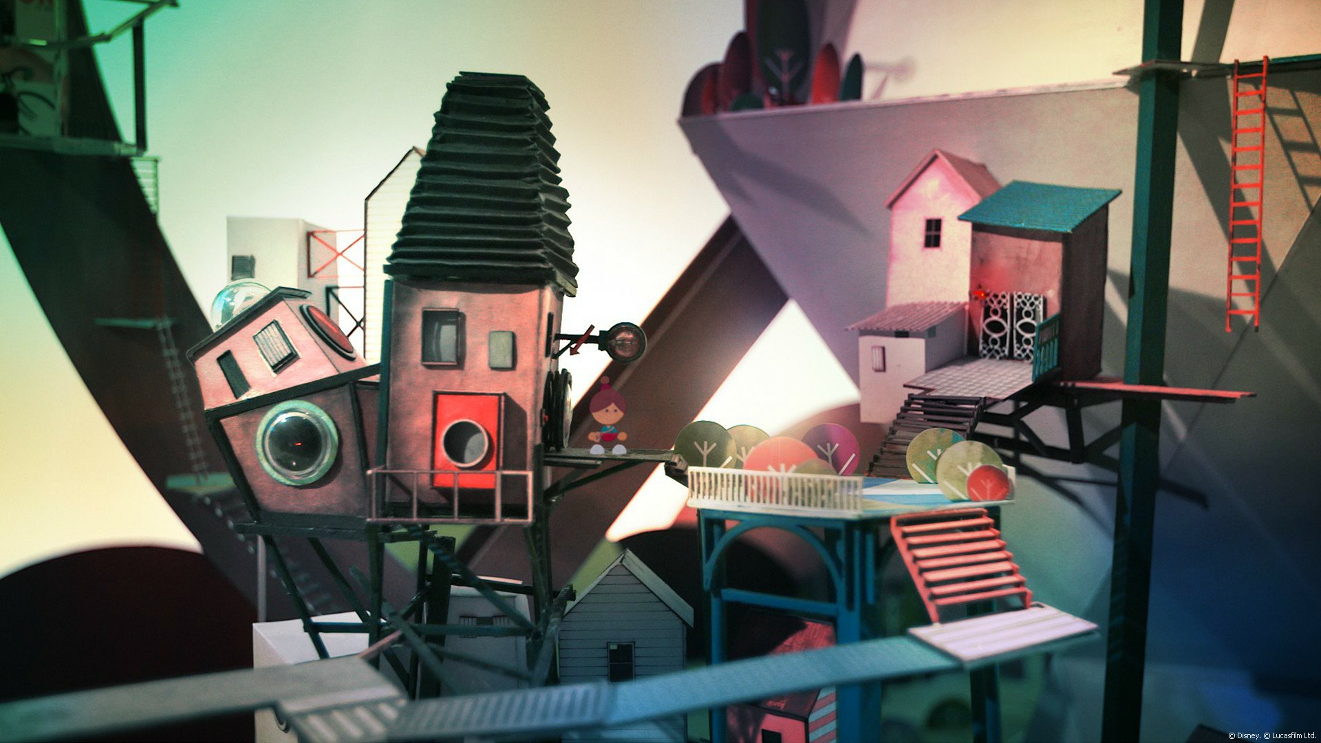 HD desktop wallpaper featuring a whimsical scene from Lumino City with colorful, intricate buildings and platforms.